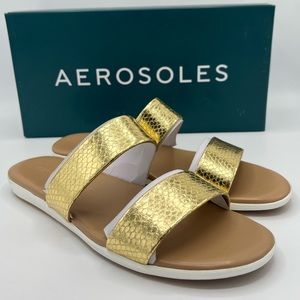 Aerosoles Womens Clovis Gold Metallic Slip On Open Toe Pool Slides Sandals